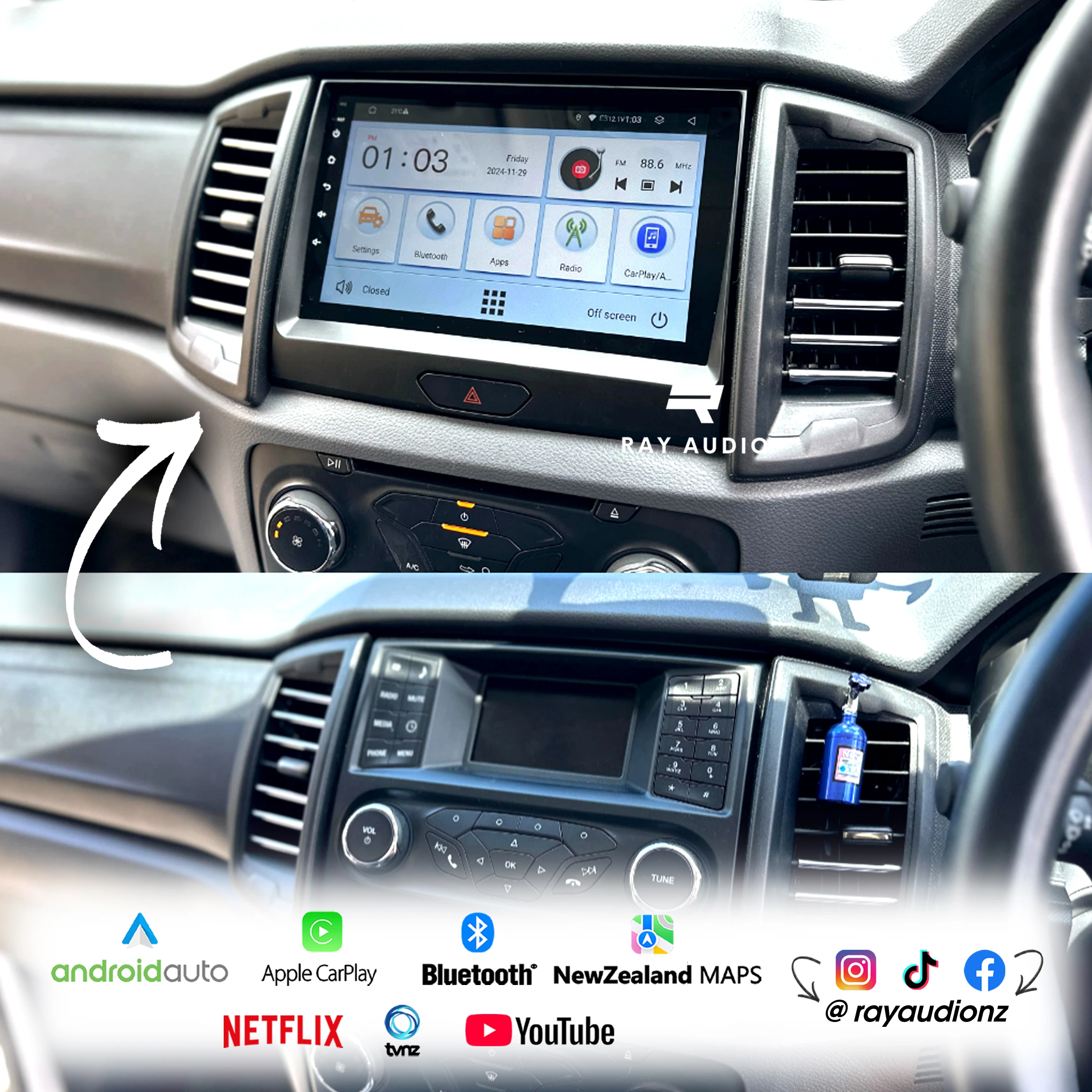 Ray Audio Ford Ranger 2015-2019 Apple CarPlay & Android Auto Bluetooth Car Stereo