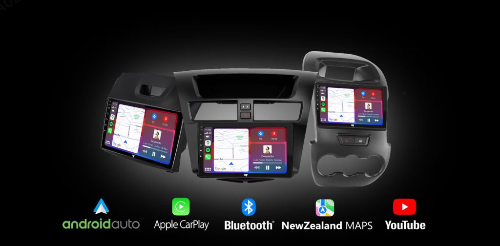 Three car Stereo dashboards with touchscreens showing navigation maps and a music player playing "Despacito.